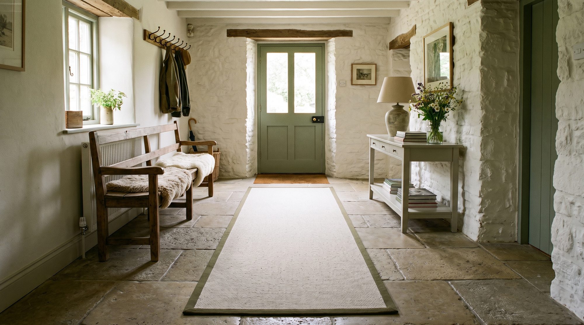 Long oatmeal runner with an olive border on flagstones