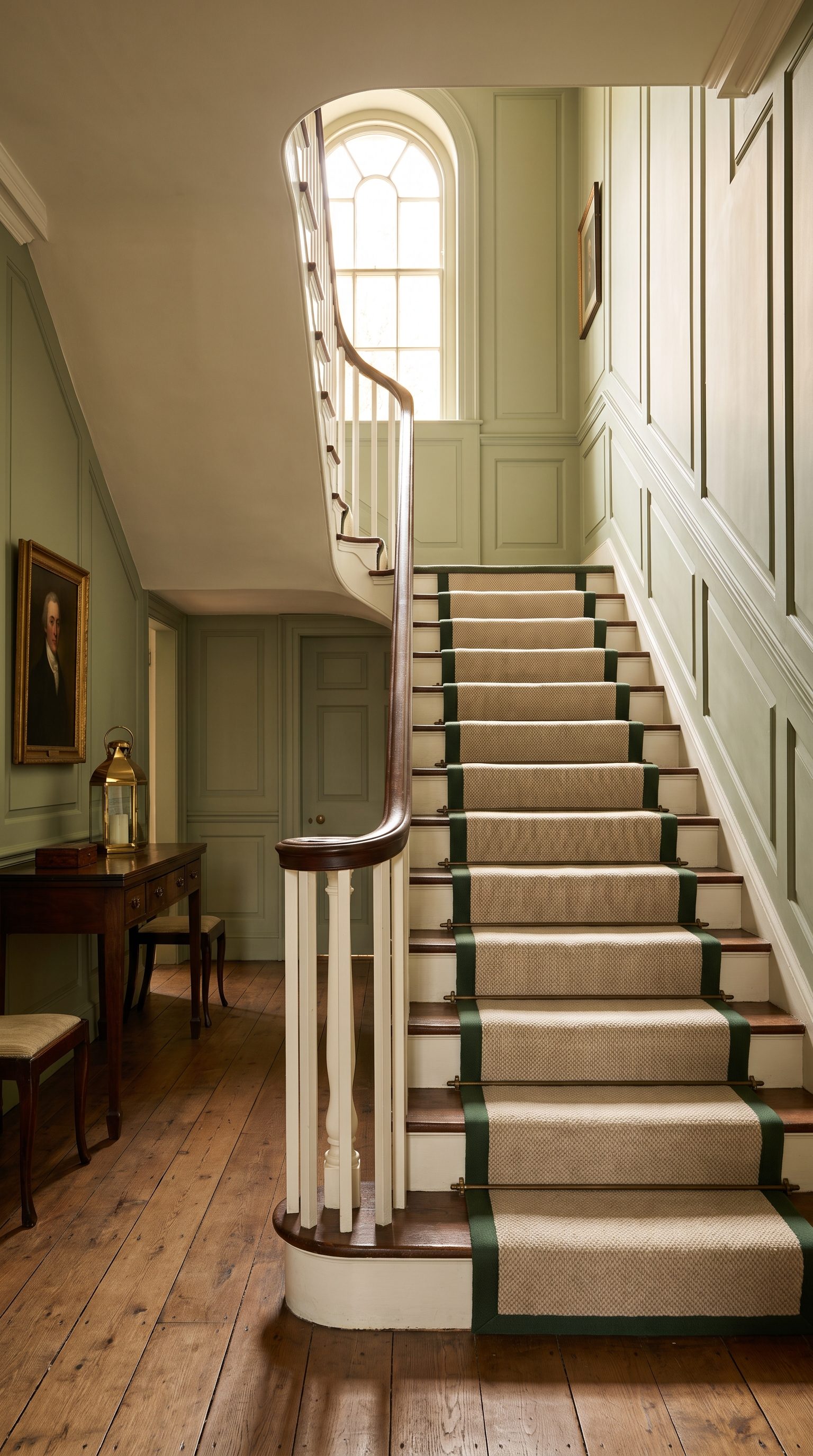 Oatmeal stair runner with a green tape edge on a period staircase