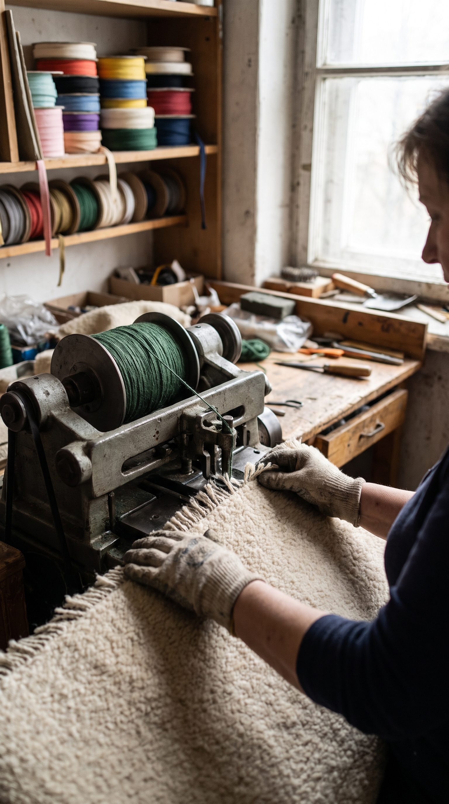 Carpet edge being whipped with green yarn